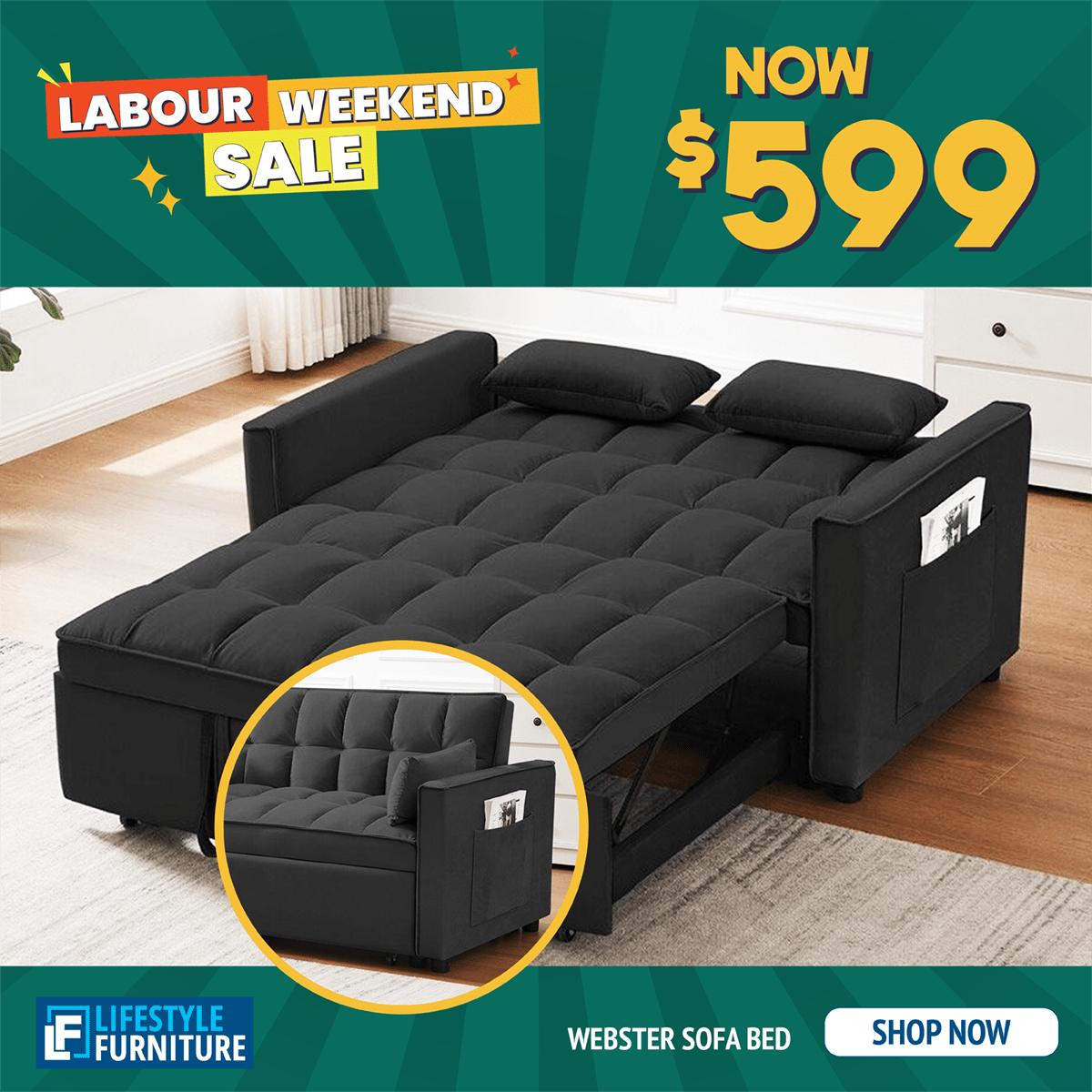 Webster Pull Out Fabric Sofa Bed Lifestyle Furniture