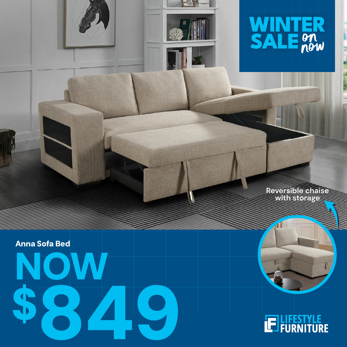 Anna Sofa Bed With Storage - Reversible Chaise - Beige
