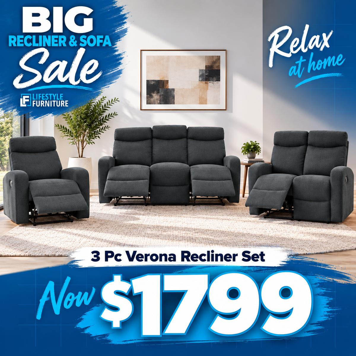 Verona Black 3 Piece Recliner Lounge Suite