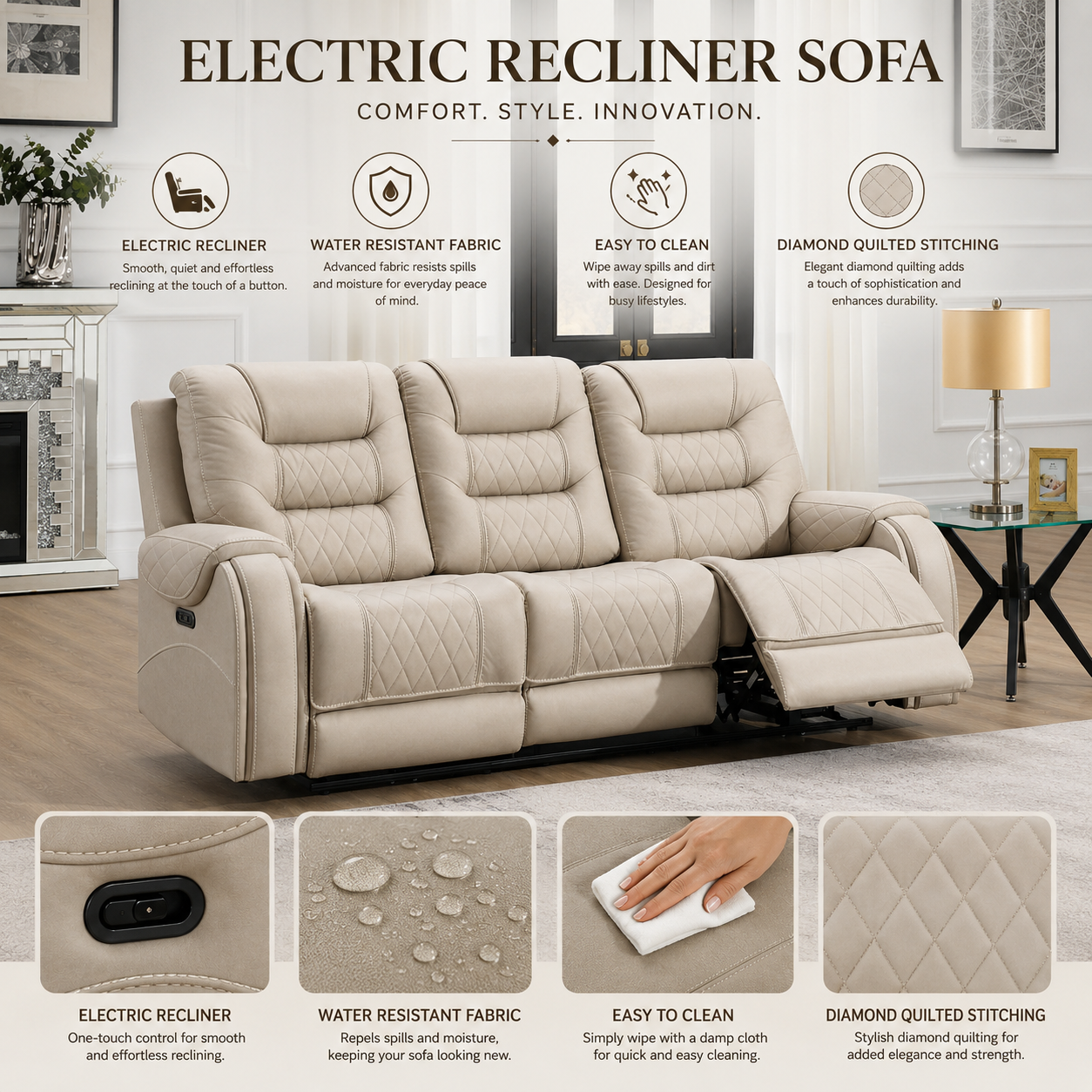Liston 3-Seater Electric Recliner Sofa - Beige