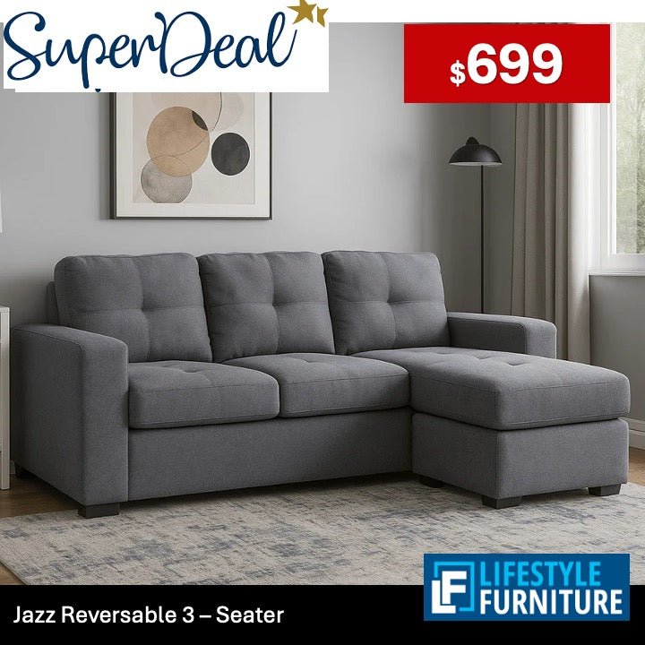 Jazz Reversible 3 Seater Chaise - Grey - Lifestyle Furniture