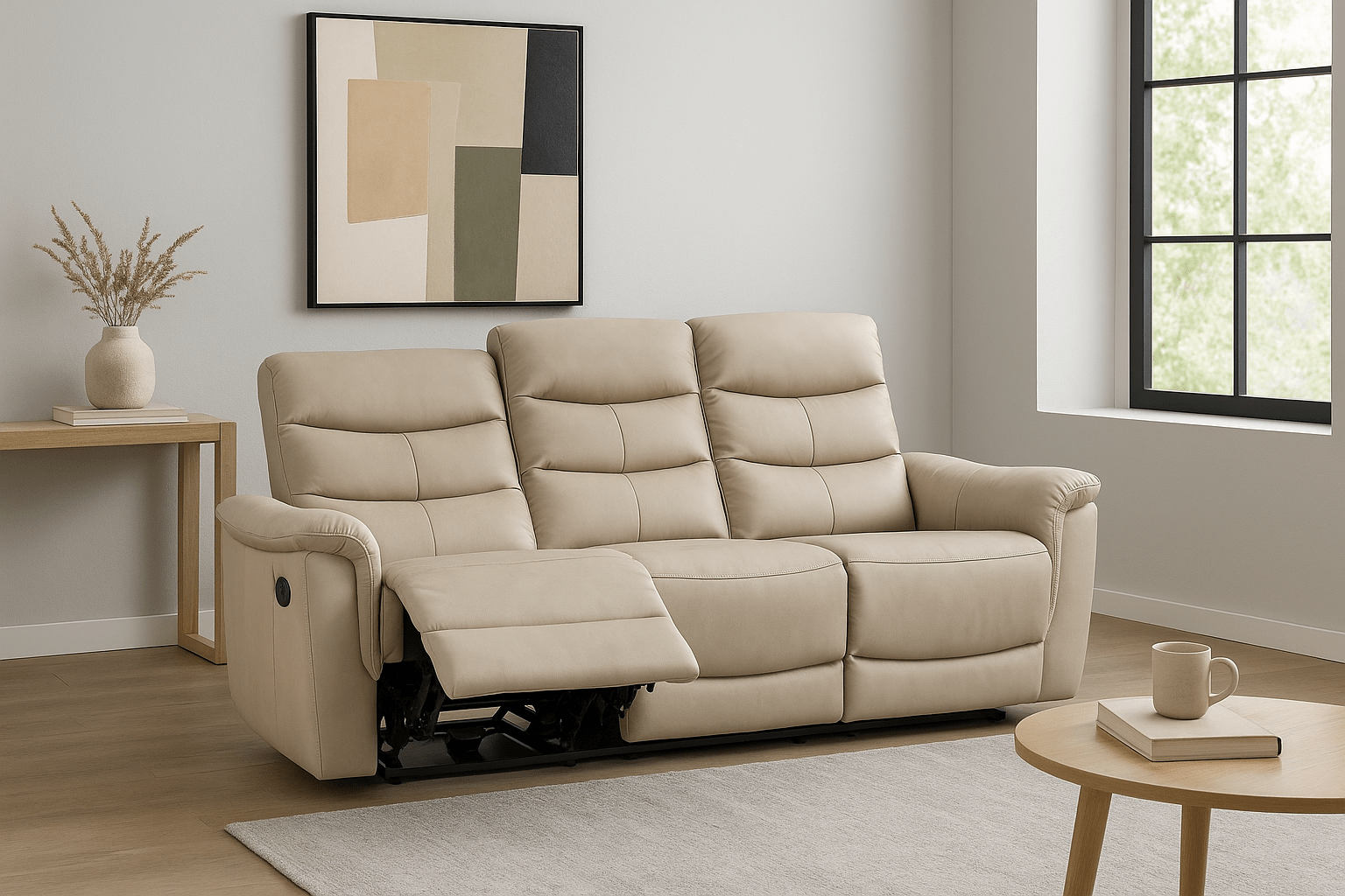 Lisbon 3 Seater Leather Electric Recliner Sofa - Beige - Lifestyle Furniture