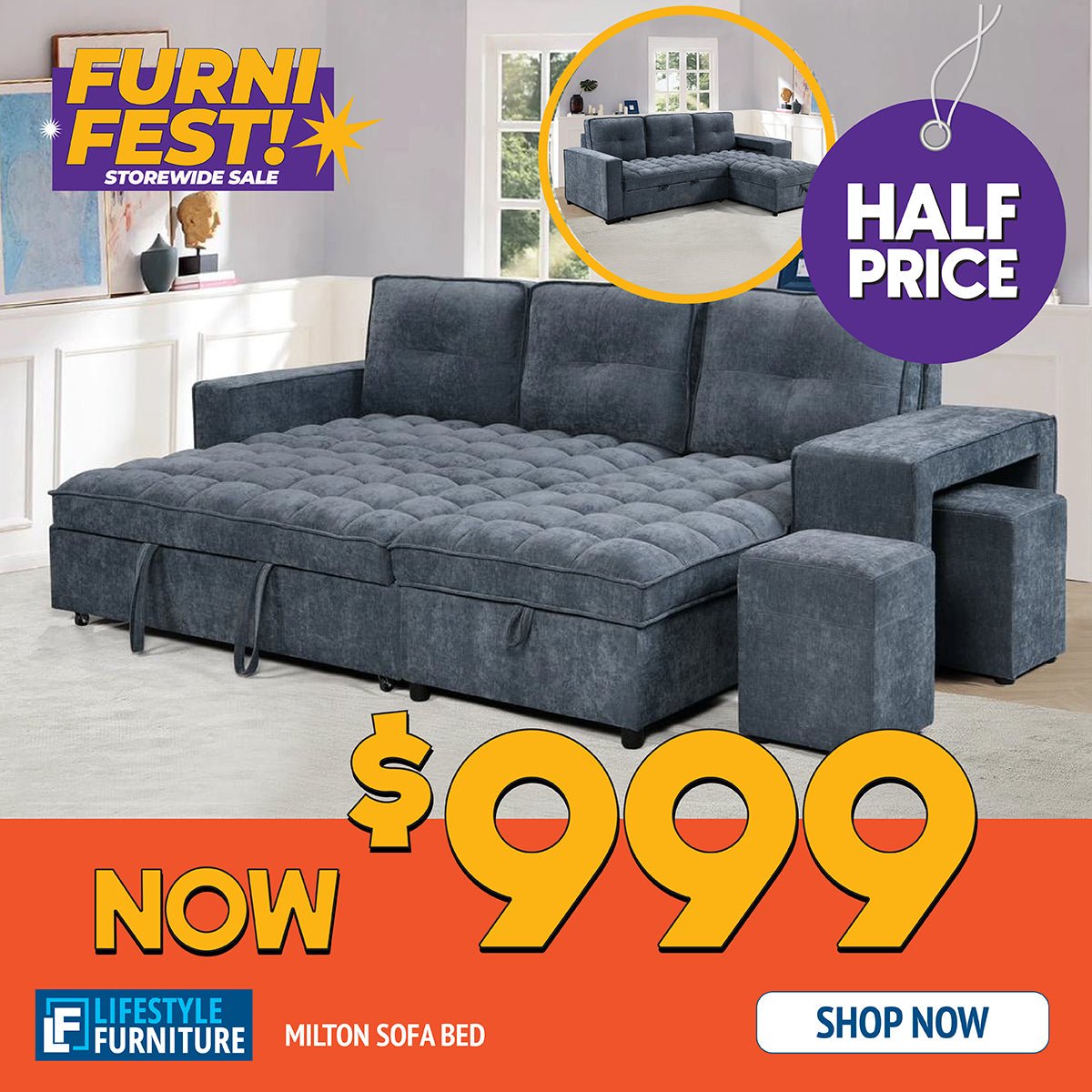 Milton Pull Out Sofa Bed - Reversible Chaise - Lifestyle Furniture