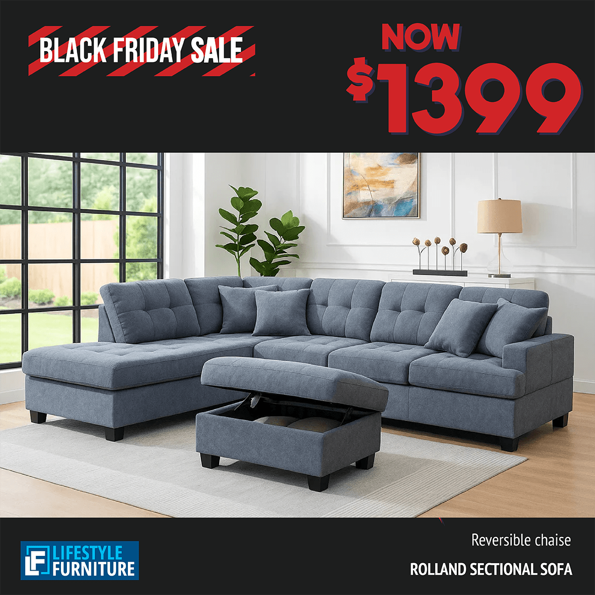Rolland Sectional Sofa with Ottoman - Lifestyle Furniture