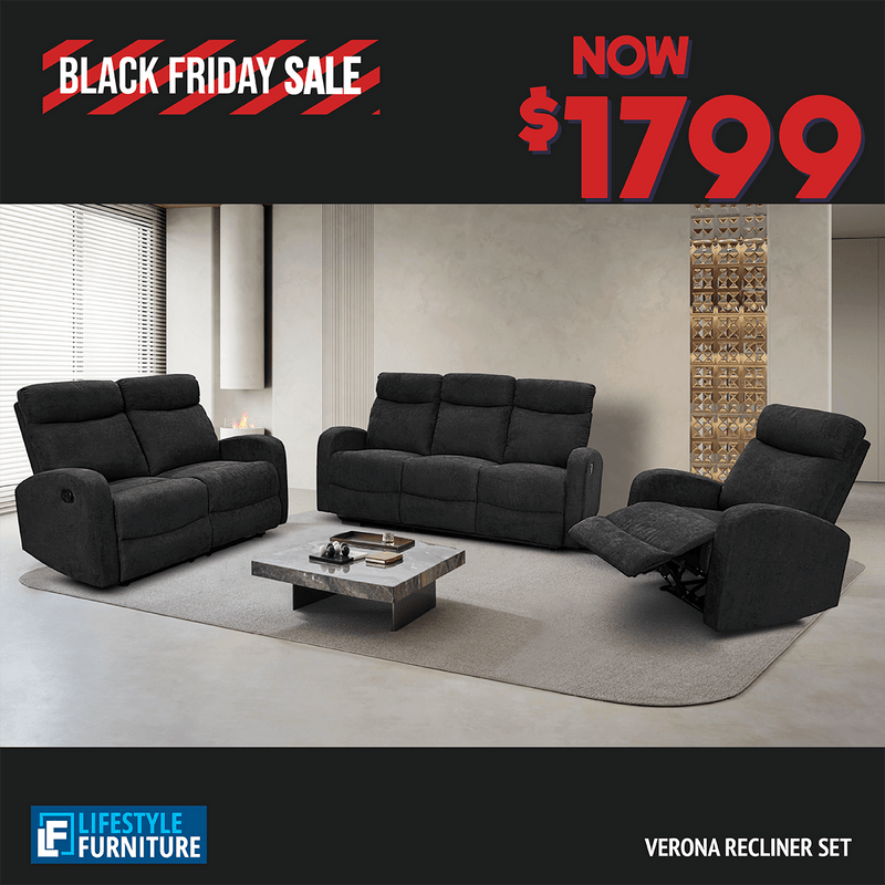 Verona Black 3 Piece Recliner Lounge Suite - Lifestyle Furniture